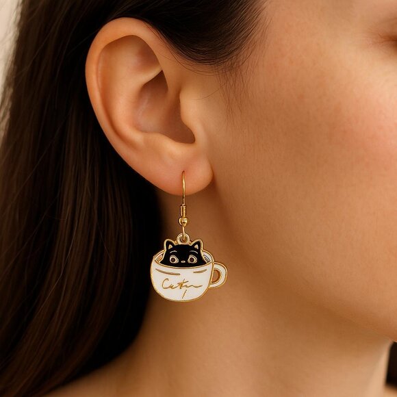 Cats and Coffee Dangle Earrings in Coffee Tea Cup White Black 1.57"  Drop New - Picture 1 of 14